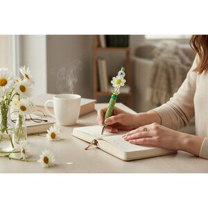 Daisy-Themed Rhinestone Pen With Green & Yellow Accents For Journaling & Gifting
